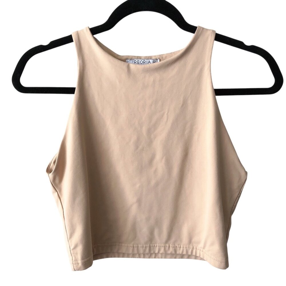 Reoria Solid Beige Sleeveless Cropped Top Medium